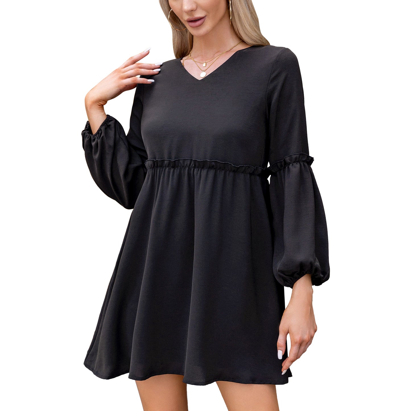Exlura Women’s Casual Flowy Tunic Tshirt Dress V Neck Ruffle Long Puff Sleeve Dress Cocktail Party Mini Dress