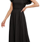 EXLURA Women's Summer Flowy Midi Dress - Square Neck Smocked Ruffle Short Sleeve Off The Shoulder Wedding Guest Dress