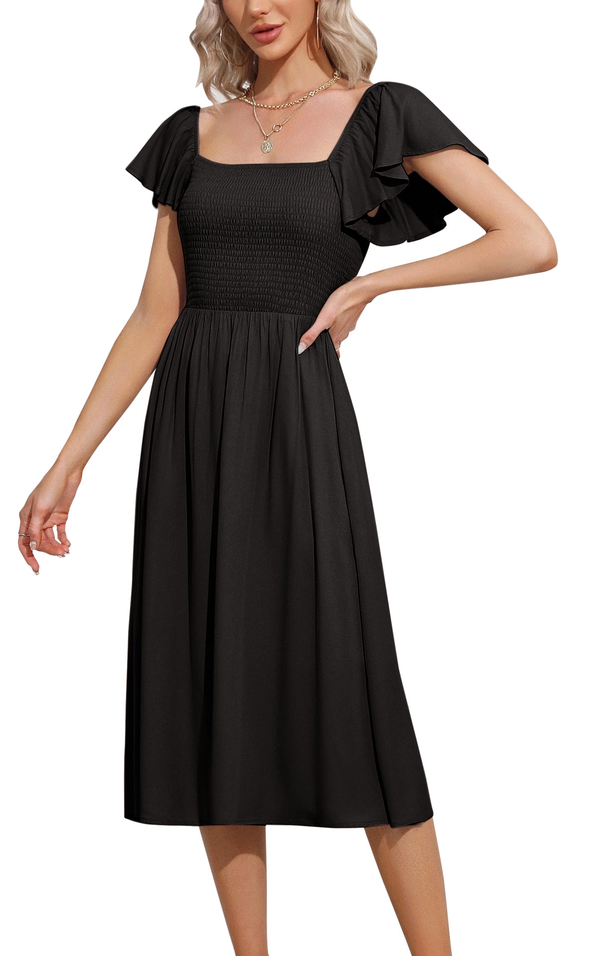 EXLURA Women's Summer Flowy Midi Dress - Square Neck Smocked Ruffle Short Sleeve Off The Shoulder Wedding Guest Dress