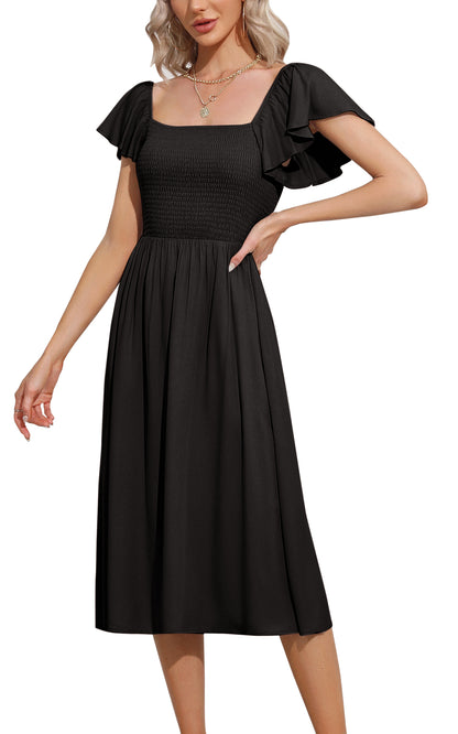 EXLURA Women's Summer Flowy Midi Dress - Square Neck Smocked Ruffle Short Sleeve Off The Shoulder Wedding Guest Dress