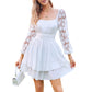 KRDR302EXLURA Women’s Lace Long Puff Sleeve Mini Dress Square Neck Backless Short Swing Party Dress Tie Back Bridesmaid Wedding Guest Dresses