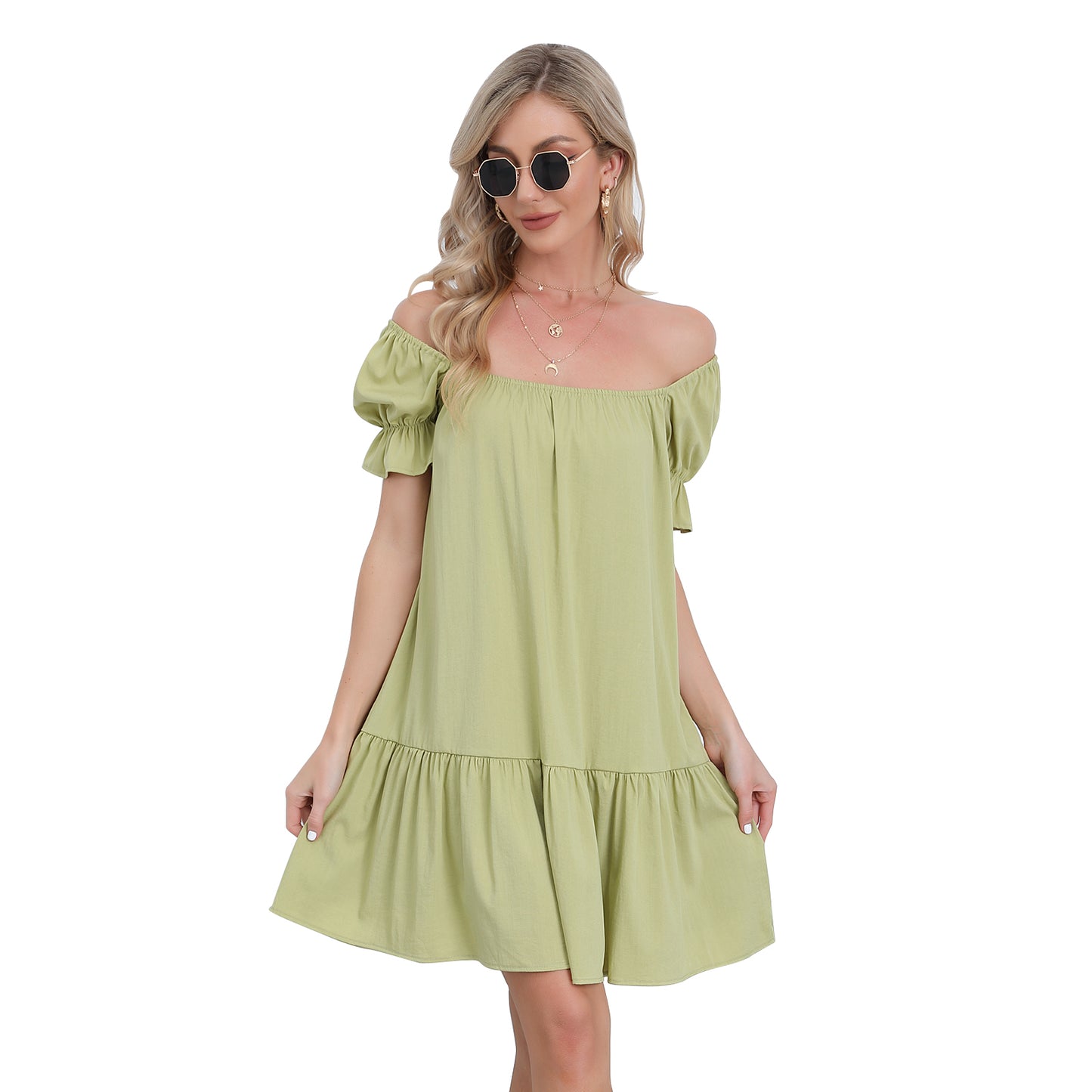 Exlura Women’s Square Neck Puff Short Sleeve Dress Off Shoulder Tiered Ruffle A-Line Babydoll Mini Party Dress