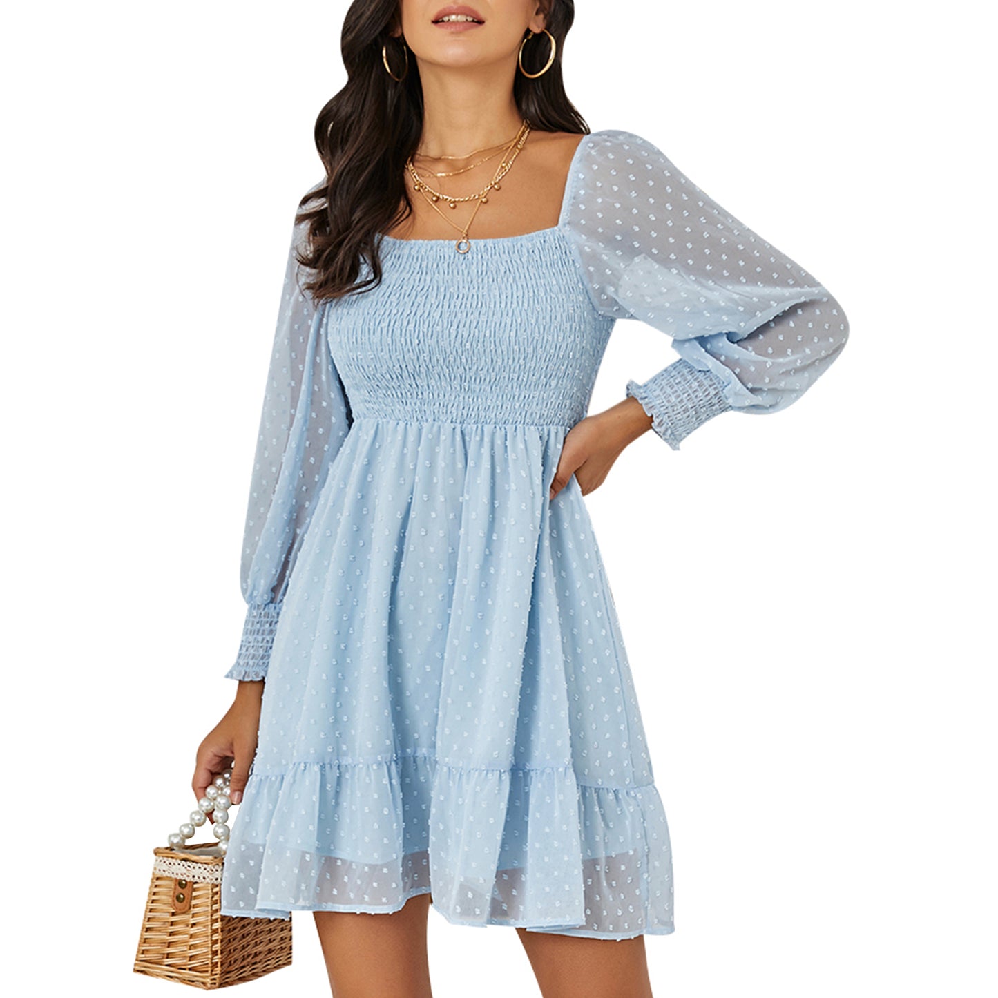 Exlura Women’s Vintage Mini Dress Round Neck Long Sleeve Swiss Dot Empire Waist Skater Dress Babydoll Casual Dress