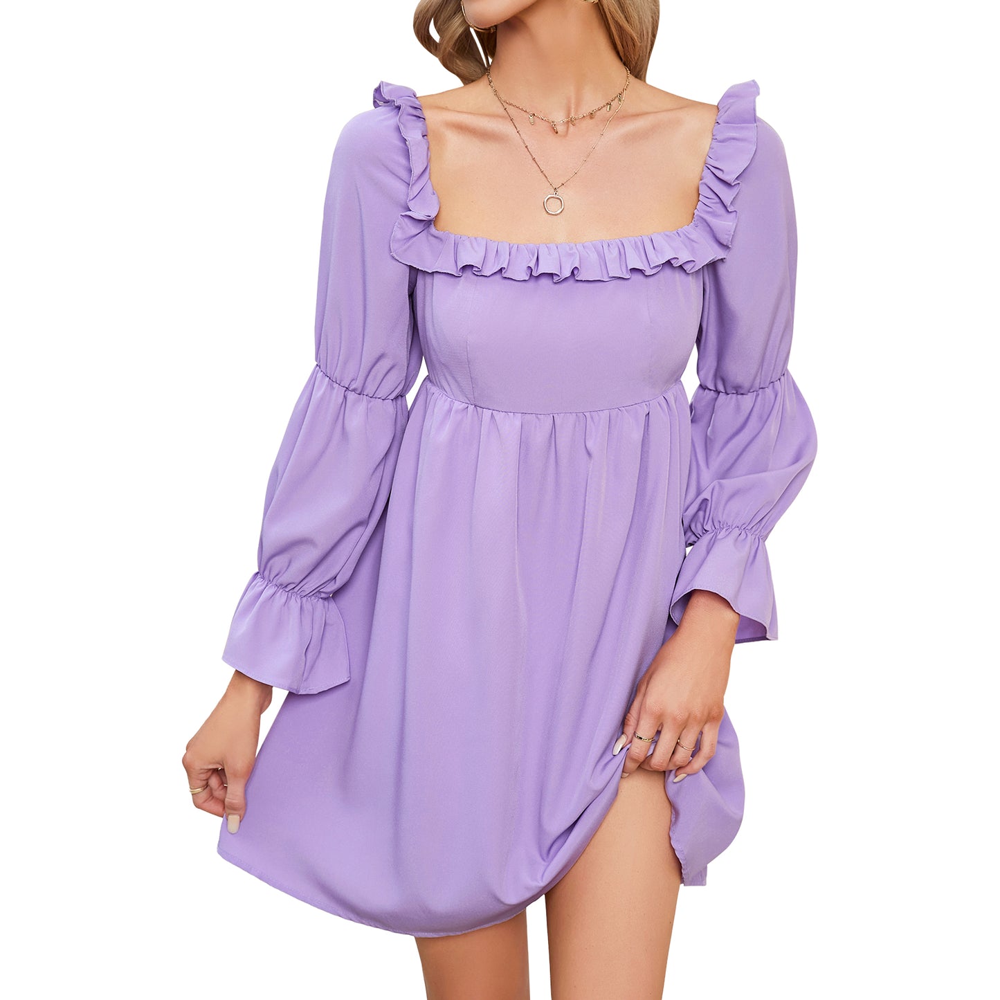 Exlura Women’s Bridal Shower Wedding Guest  Dress Square Neck Long Sleeve Ruffle Dress Backless Tie Back Swing Dress Mini Short Dresses