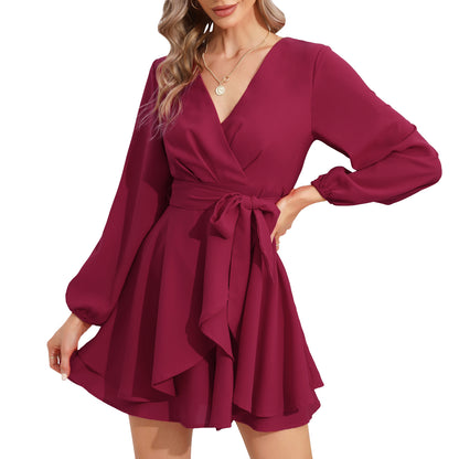 EXLURA Women’s Dressy Jumpsuit V Neck Puff Long Sleeve Waist Tie Ruffle Flowy Faux Wrap Jumpsuits Club Party Cocktail Wedding Guest Rompers