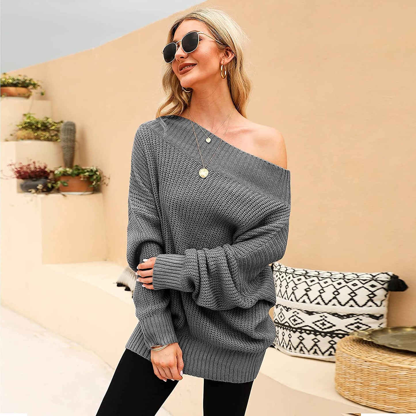 EXLURA Women's 024 New Off Shoulder Sweater Batwing Sleeve Loose Oversized Pullover Knit Jumper