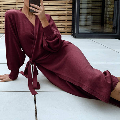 EXLURA Womens Knit Sweater Dress Casual Solid Long Sleeve Wrap Maxi Dresses with Belt