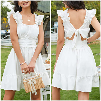 EXLURA Women's Square Neck Tie Back Ruffle Strappy Ruched Short Mini Dress Smocked Backless Tank Sleeveless Sundress Dress