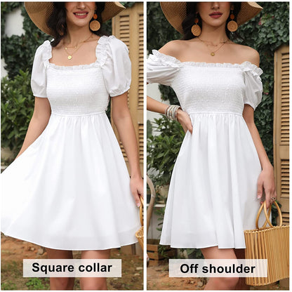 Byinns Womens Square Neck Tie Back Ruffle Off Shoulder Dress Summer Smocked A-Line Flowy Casual Mini Dress