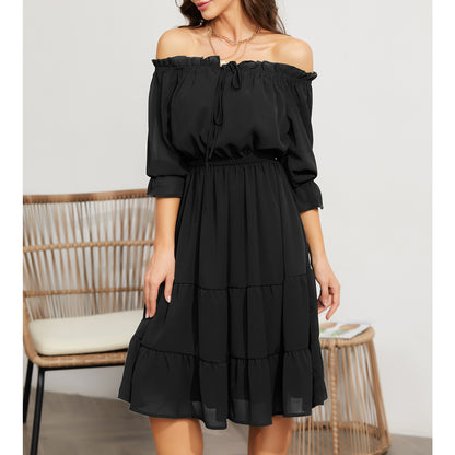 EXLURA Women’s Off Shoulder Long Dress Puff 3/4 Sleeve Tiered Tie Front Frill Hem Flowy Midi Dress Sundress