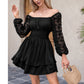 KRDR302EXLURA Women’s Lace Long Puff Sleeve Mini Dress Square Neck Backless Short Swing Party Dress Tie Back Bridesmaid Wedding Guest Dresses