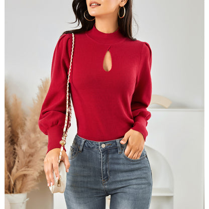 EXLURA Women’s Keyhole Mock Neck Pullover Sweater Slim Fitted Long Puff Sleeve Turtleneck Casual Trendy Tops Jumpers