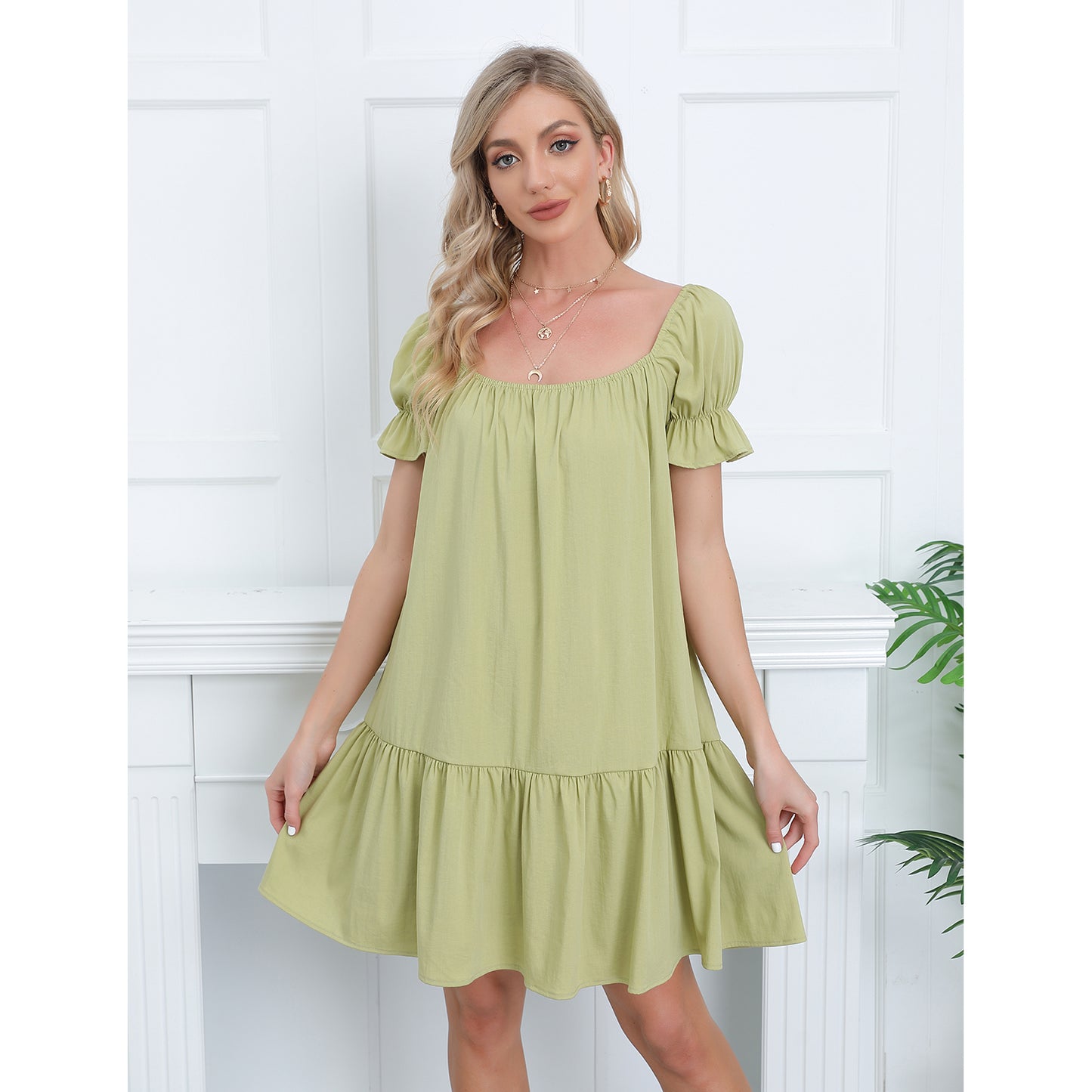 Exlura Women’s Square Neck Puff Short Sleeve Dress Off Shoulder Tiered Ruffle A-Line Babydoll Mini Party Dress