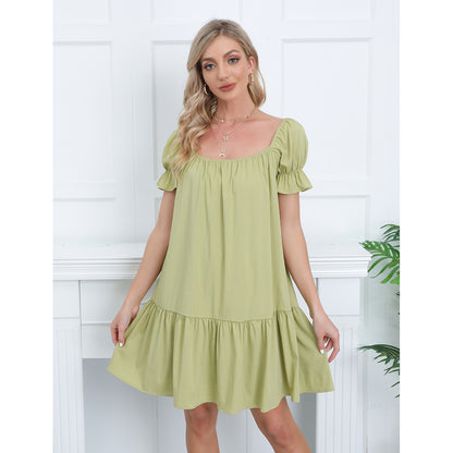 Exlura Women’s Square Neck Puff Short Sleeve Dress Off Shoulder Tiered Ruffle A-Line Babydoll Mini Party Dress