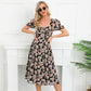 EXLURA Women’s V Neck Dress Short Puff Sleeve High Waist A-Line Backless Tie Back Floral Vintage Midi Dress