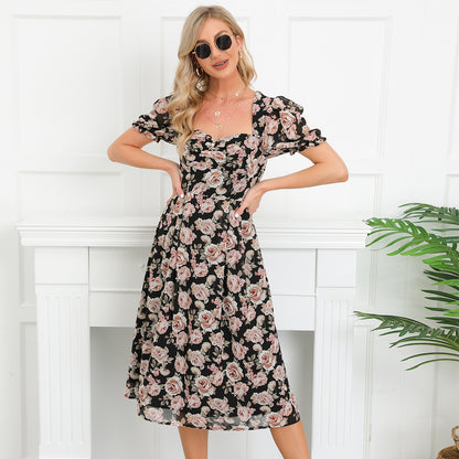 EXLURA Women’s V Neck Dress Short Puff Sleeve High Waist A-Line Backless Tie Back Floral Vintage Midi Dress