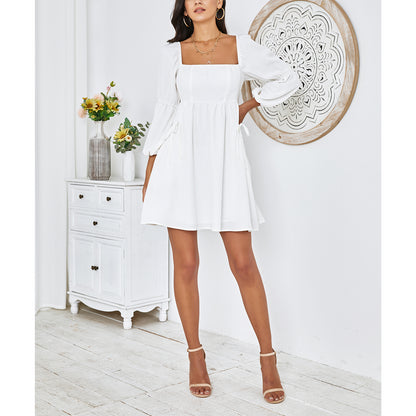 Exlura Women’s Casual Mini Dress with Pockets Square Neck Long Puff Sleeve Dress Empire Waist Boho Wedding Guest Dress