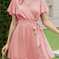 Summer Flowy Mini Dress - V Neck Short Sleeve Pleated Belted