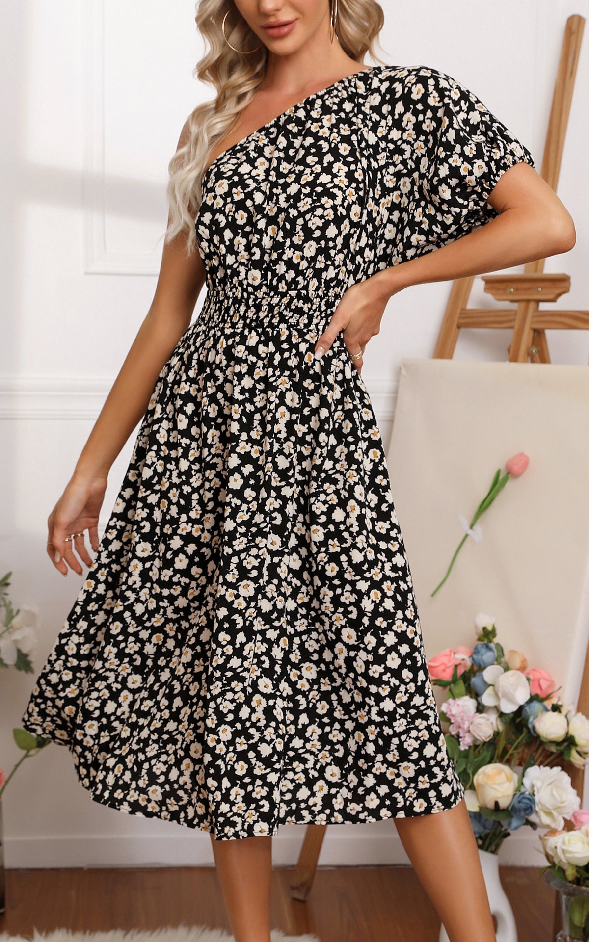 Summer Floral Midi Sundresses - One Shoulder Short Sleeve Backless