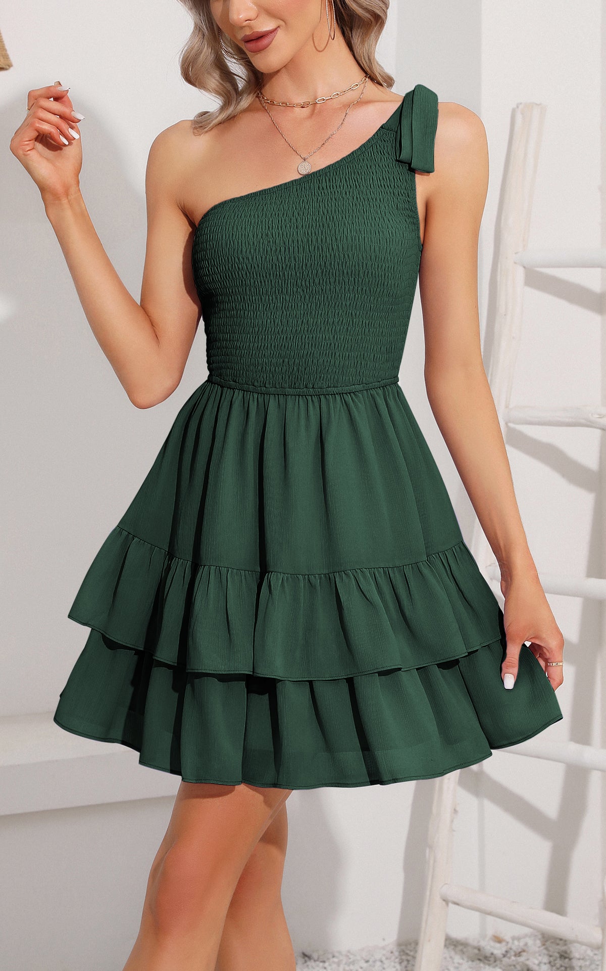 Summer One Shoulder Sleeveless Solid Color Dress Ruffle