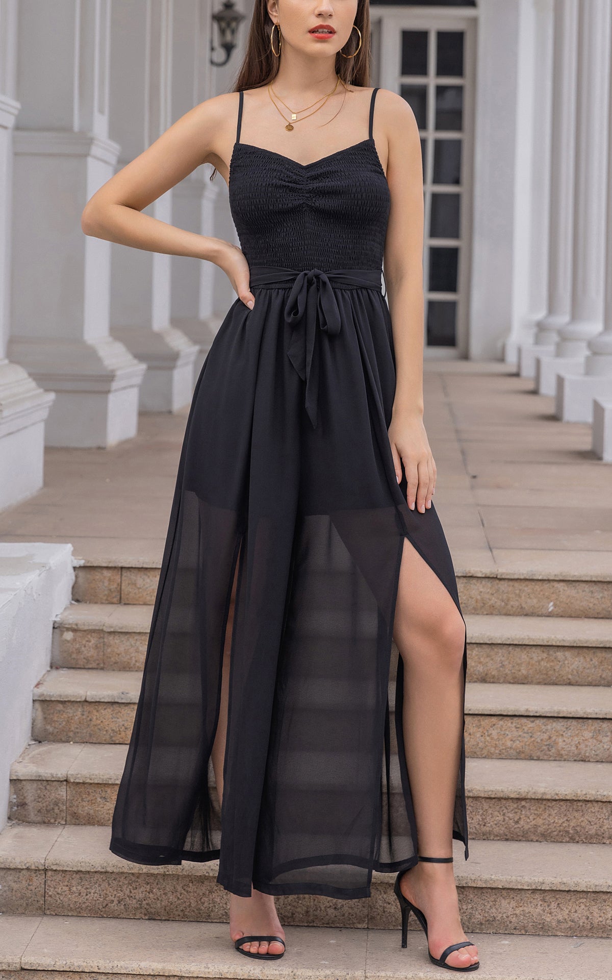 Jumpsuits - Spaghetti Strap Smocked Ruched Backless Belted