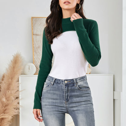 EXLURA Women’s Color Block Pullover Sweater Mock Neck Slim Fitted Long Sleeve Turtleneck Casual Trendy Tops Jumpers