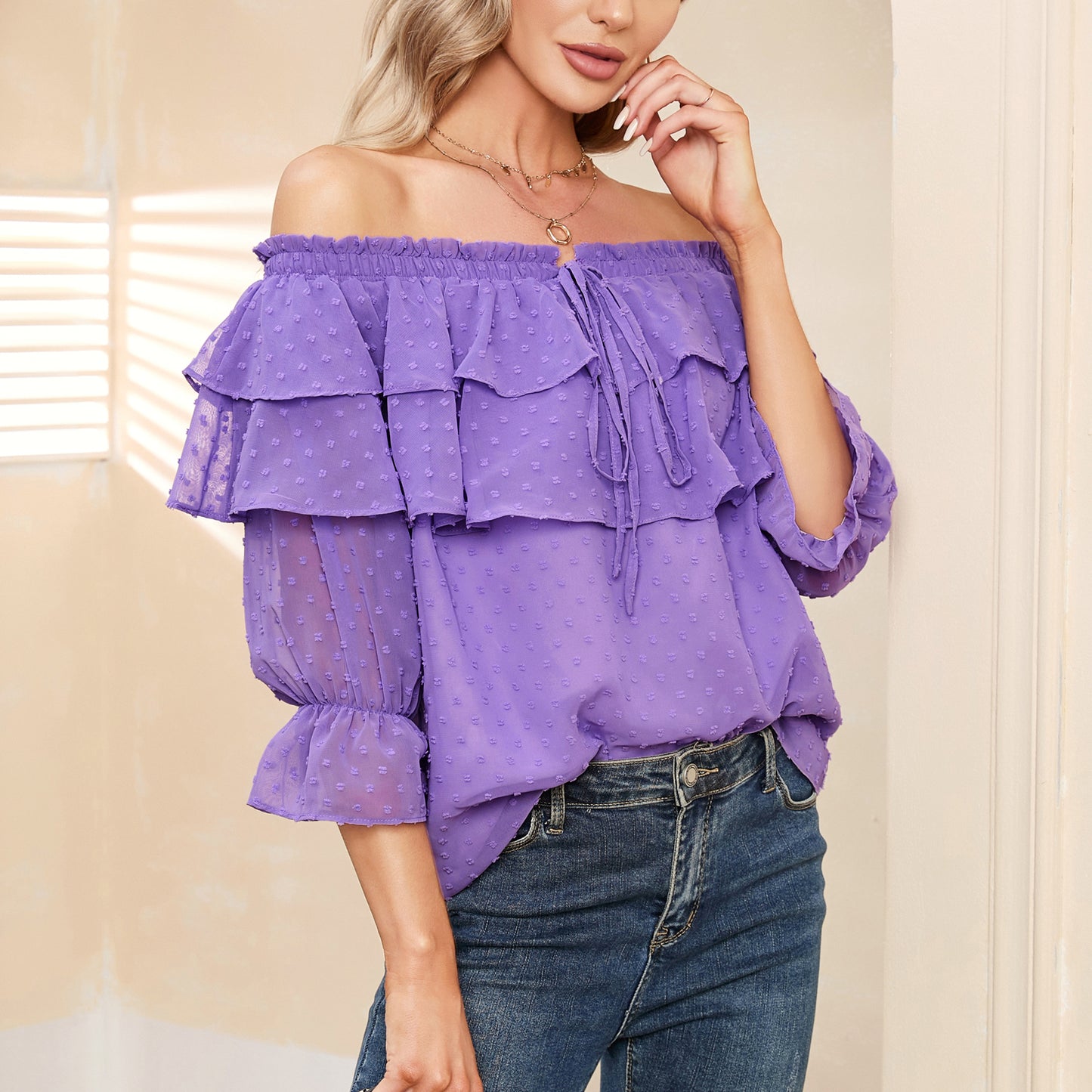 EXLURA Women’s Off The Shoulder Layered Ruffle Tops Swiss Dot Long Puff Sleeve Blouses Shirts Flowy Party Dressy Tops