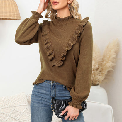 EXLURA Women's Ruffle Chunky Pullover Sweater Mock Turtleneck Long Puff Sleeve Jumpers Casual Trendy Tops