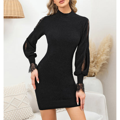 EXLURA Women’s Bodycon Sweater Dress Turtle Neck Knit Pullover Cut Out Lace Long Puff Sleeve Dress Sexy Mini Party Dress