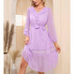 EXLURA Women’s Belted Swiss Dot V Neck Midi Dress Long Puff Sleeve Ruffle Dress Lace Patchwork Wedding Guest Dress
