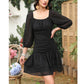 Exlura Women’s Off Shoulder Ruched Floral Ruffle Dress Square Neck Backless Smocked 3/4 Puff Sleeve Mini Dress