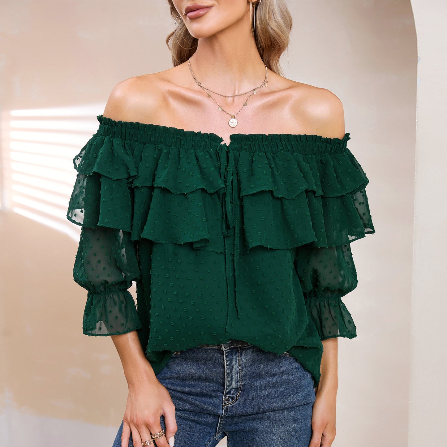 EXLURA Women’s Off The Shoulder Layered Ruffle Tops Swiss Dot Long Puff Sleeve Blouses Shirts Flowy Party Dressy Tops