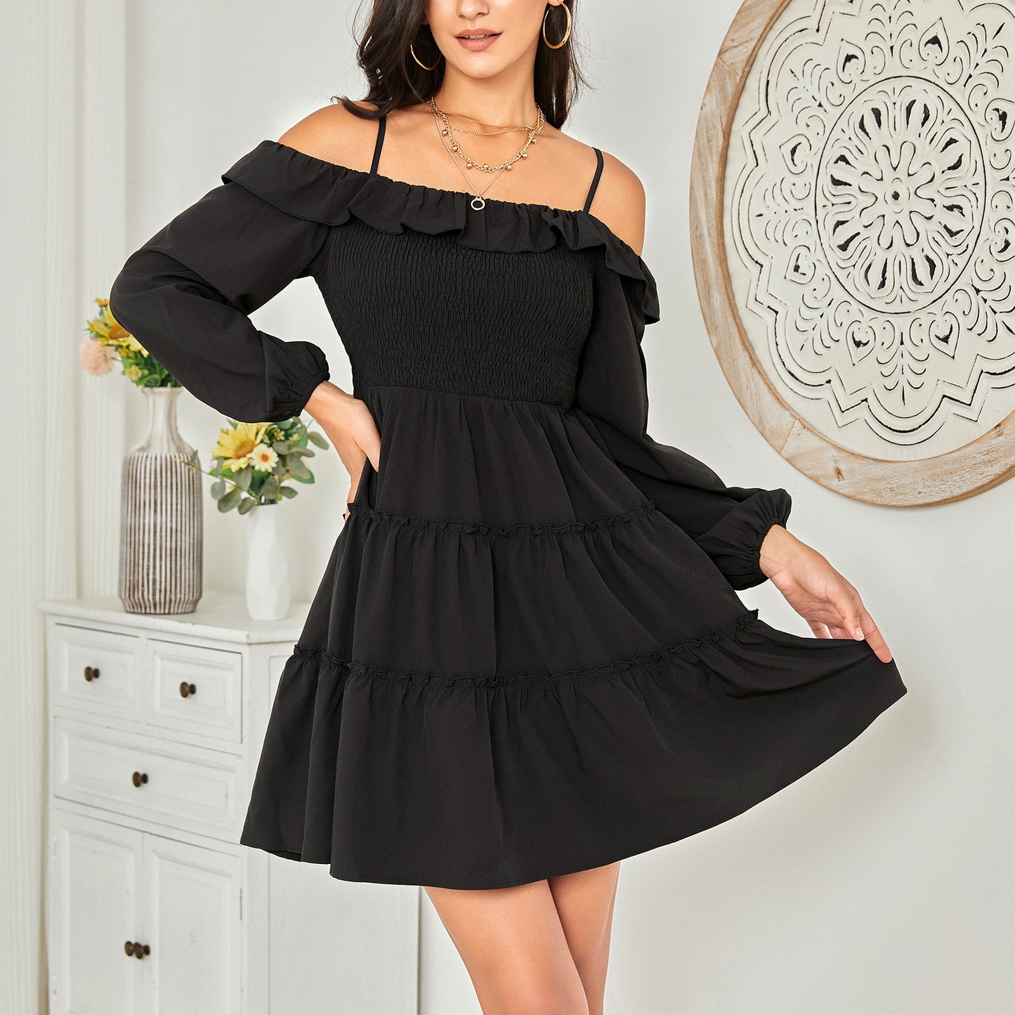 EXLURA Women’s Off shoulder Smocked Tiered Mini Dress Ruffle Long Puff Sleeve Dress Elegant Cocktail Party Dress
