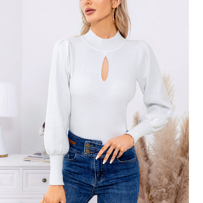 EXLURA Women’s Keyhole Mock Neck Pullover Sweater Slim Fitted Long Puff Sleeve Turtleneck Casual Trendy Tops Jumpers