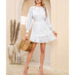 EXLURA Women’s Ruffle Mini Dress Asymmetrical   Long Puff Sleeve Round Neck Smocked Dress Flowy Cocktail Wedding Guest Dress