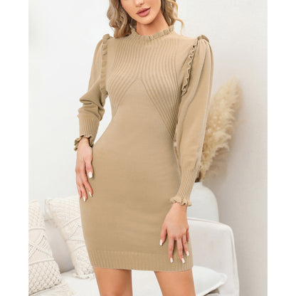 EXLURA Women’s Sexy Bodycon Pullover Sweater Dress Ruffle High Neck Knit Long Puff Sleeve Dress Cute Mini Winter Dress