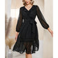 EXLURA Women’s Belted Swiss Dot V Neck Midi Dress Long Puff Sleeve Ruffle Dress Lace Patchwork Wedding Guest Dress