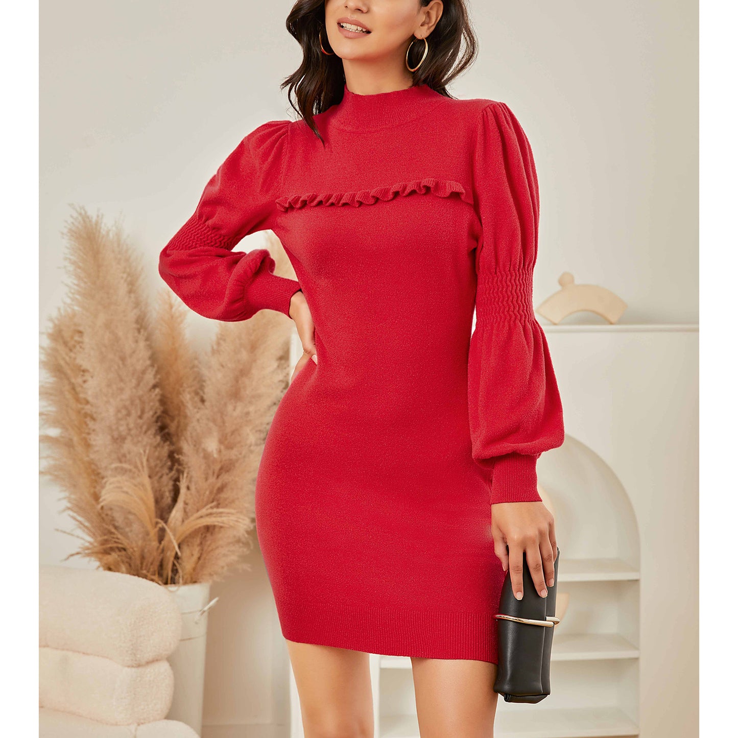 EXLURA Women’s Bodycon Knit Sweater Dress Mock Neck Smocked Long Lantern Sleeve Pullover Dress Ruffle Vintage Club Mini Dress