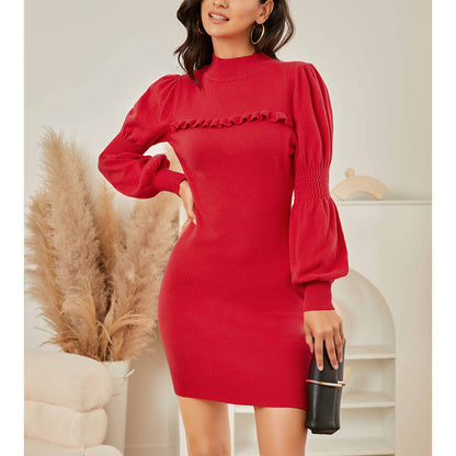EXLURA Women’s Bodycon Knit Sweater Dress Mock Neck Smocked Long Lantern Sleeve Pullover Dress Ruffle Vintage Club Mini Dress