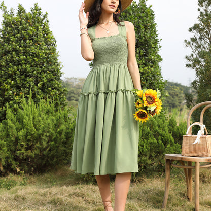 Exlura Women’s Sleeveless Square Neck Backless Midi Dress Smocked Strappy Criss Cross Tie Back Elegant Dress