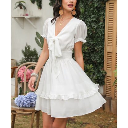 Exlura Women’s V Neck Summer Ruffle Dress Sundress Tiered Smocked Tie Front Short Puff Sleeve Swing Mini Dress