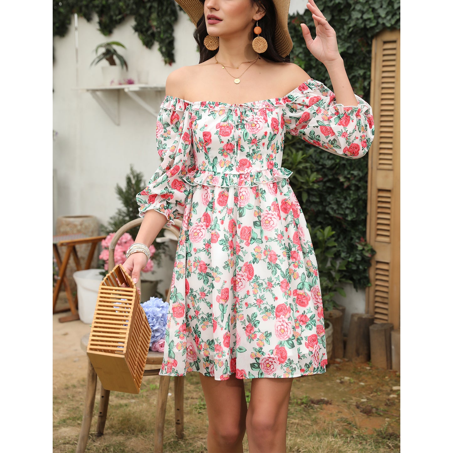 Exlura Women’s Off Shoulder Floral Ruffle Dress Sundress Tie Back Puff Sleeve Backless Square Neck Mini Summer Dress