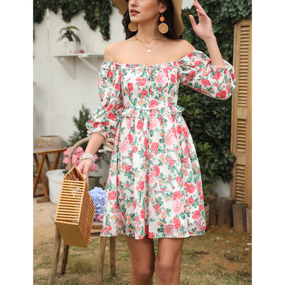 Exlura Women’s Off Shoulder Floral Ruffle Dress Sundress Tie Back Puff Sleeve Backless Square Neck Mini Summer Dress