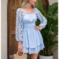 KRDR302EXLURA Women’s Lace Long Puff Sleeve Mini Dress Square Neck Backless Short Swing Party Dress Tie Back Bridesmaid Wedding Guest Dresses