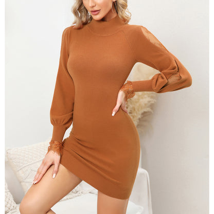 EXLURA Women’s Bodycon Sweater Dress Turtle Neck Knit Pullover Cut Out Lace Long Puff Sleeve Dress Sexy Mini Party Dress