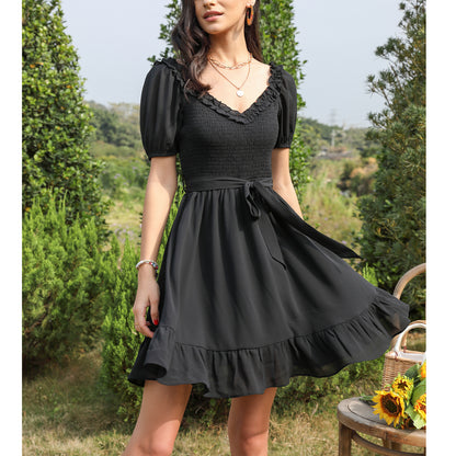 Exlura Women’s Sweetheart Neckline Ruffle Dress Smocked Belted Short Puff Sleeve Tie Waist Mini Dress Sundress