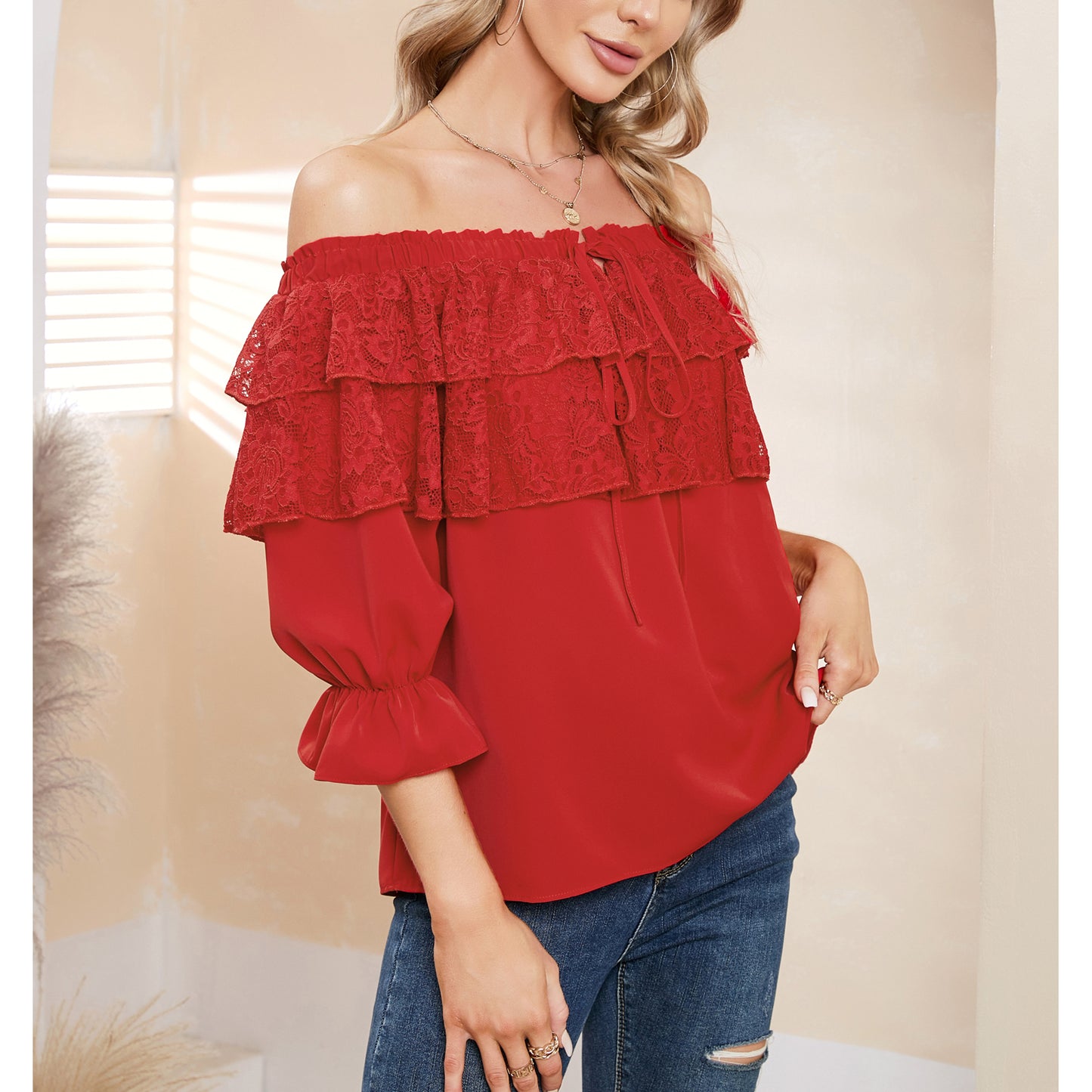 Byinns Women's Off The Shoulder Layered Ruffle Lace Tops Long Puff Sleeve Blouses Flowy Party Dressy Tops