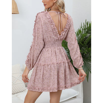 EXLURA Women’s V Neck Ruffle Floral Boho Mini Dress Backless Batwing Long Sleeve Dress Vintage Wedding Guest Dress
