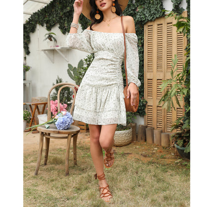 Exlura Women’s Off Shoulder Ruched Floral Ruffle Dress Square Neck Backless Smocked 3/4 Puff Sleeve Mini Dress