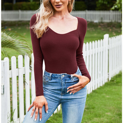 Exlura Women's Square Neck Ribbed Knitted Crop Sweater Long Sleeve Slim Fit Pullover Tops